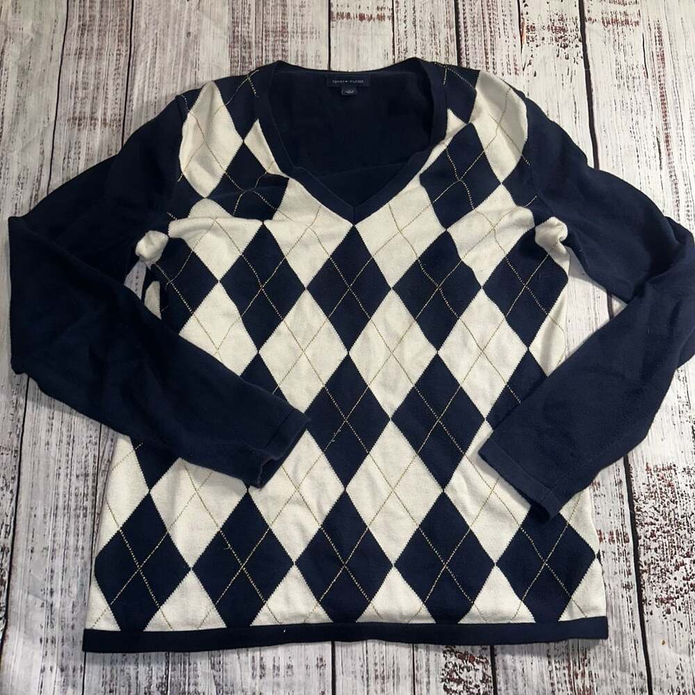 Blue V-Neck Argyle Sweater-Vintage Tommy Hilfiger-M